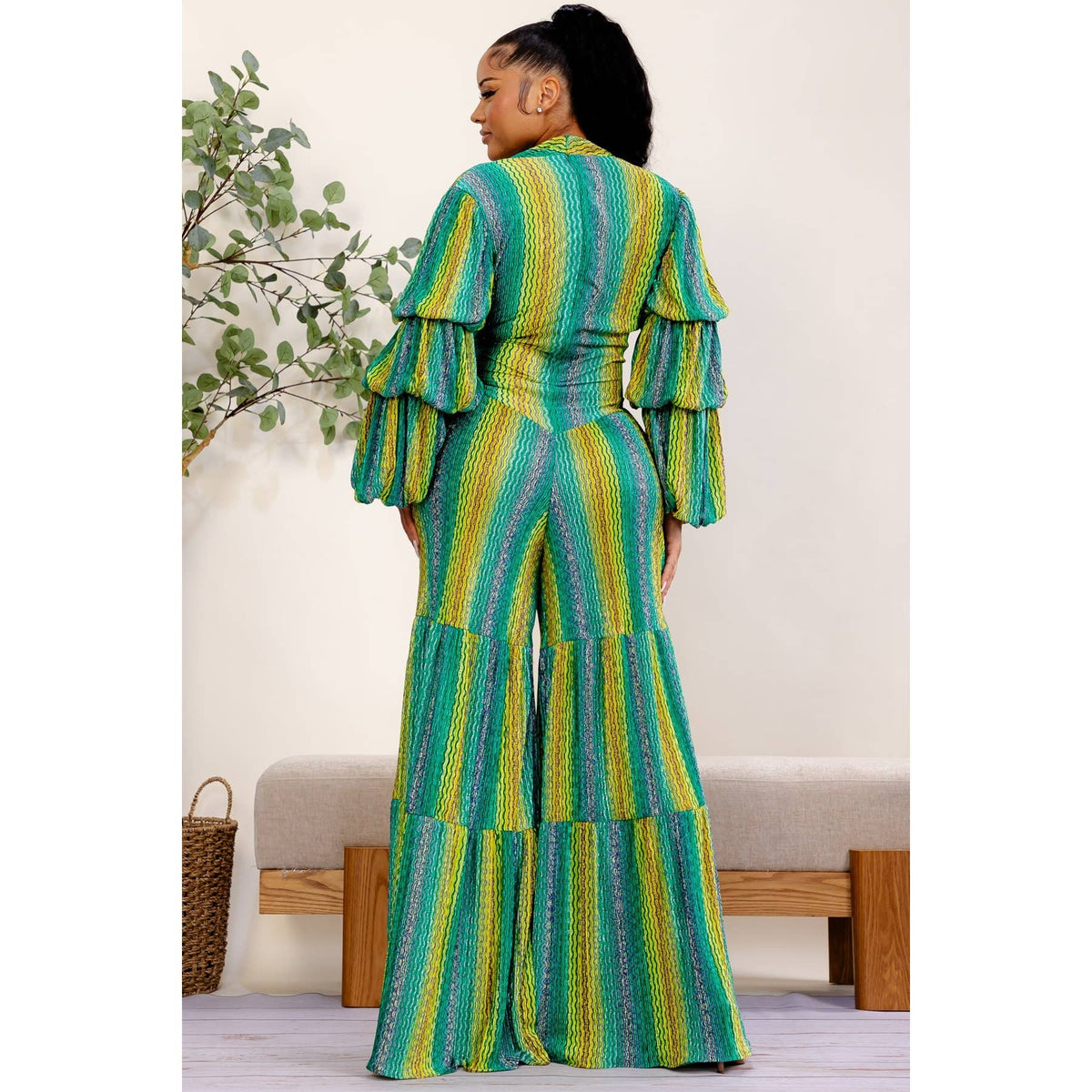 PLUS SIZE GREEN MULTI STRIPE JUMPSUIT