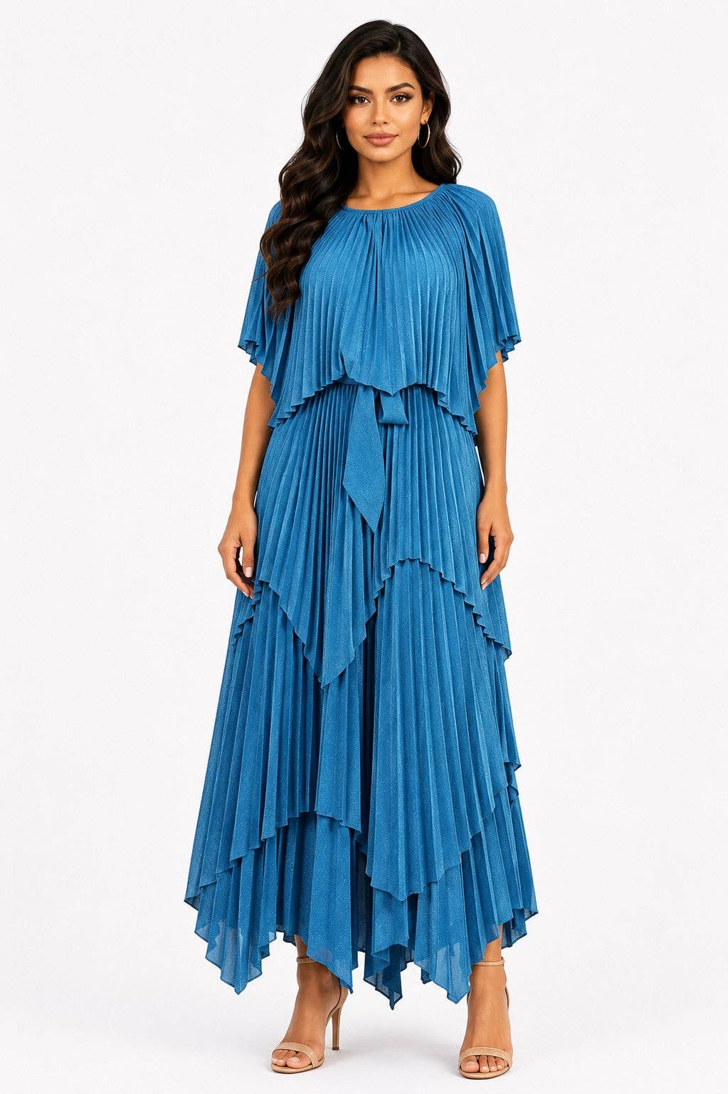 Layered Pleated Maxi Dress with Cape - 83453