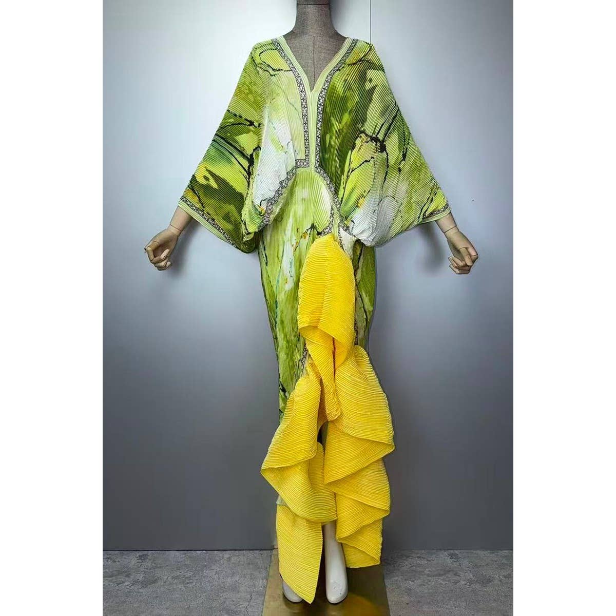 Citrus Floral Print Pleated Texture Ruffle Hem Kaftan Dress