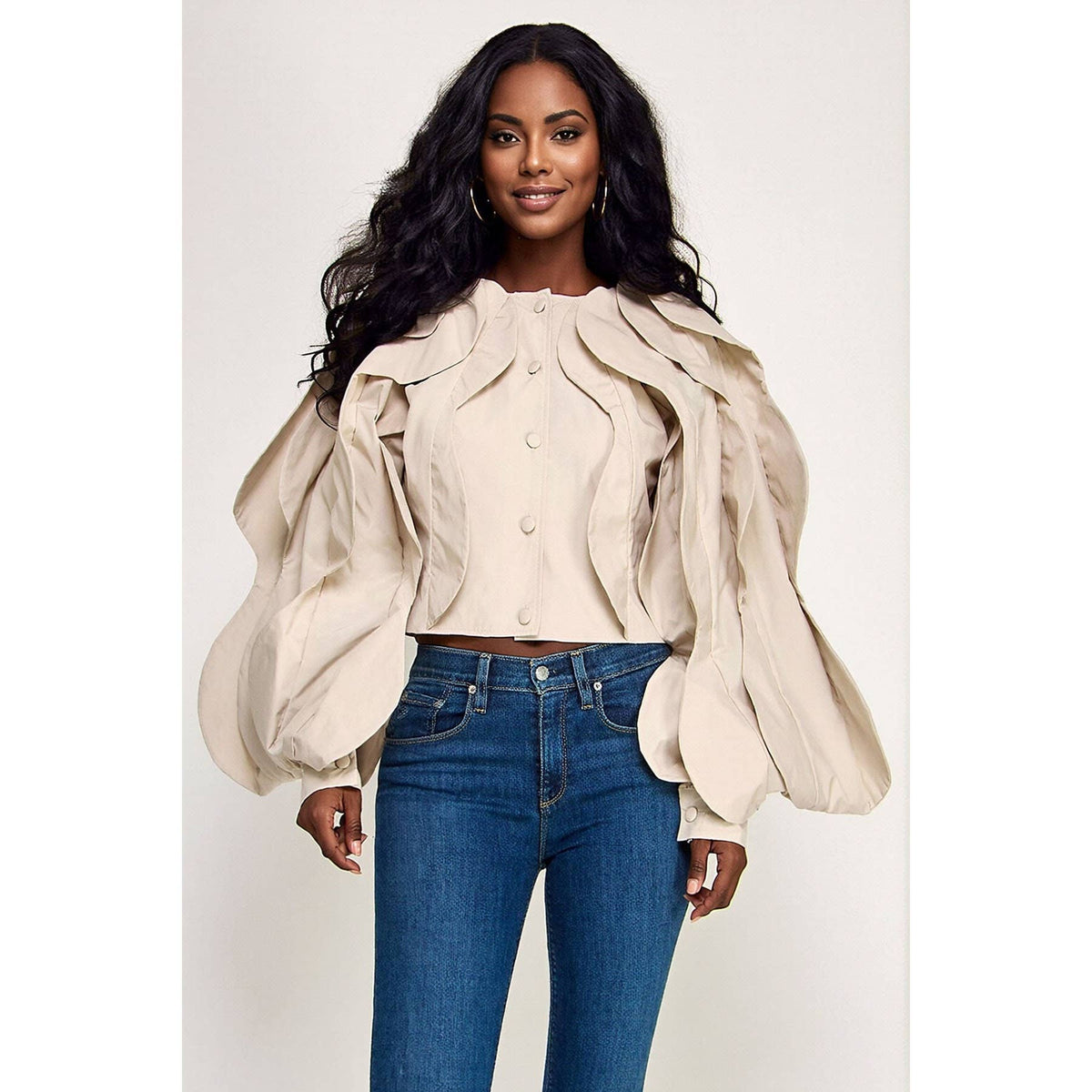 Plus Ruffle Detail Long Sleeve Crop Jacket Top