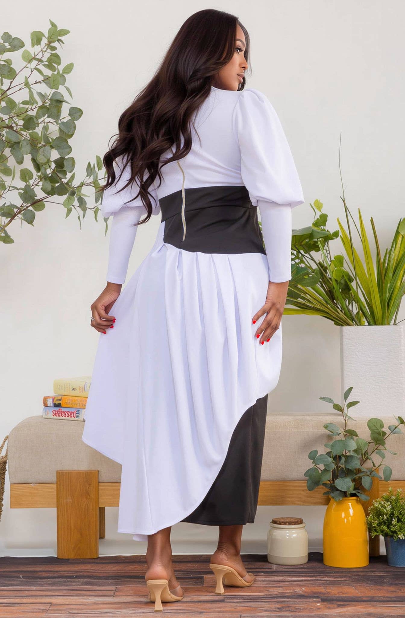 Long Sleeve Colorblock Asymmetrical Midi Dress