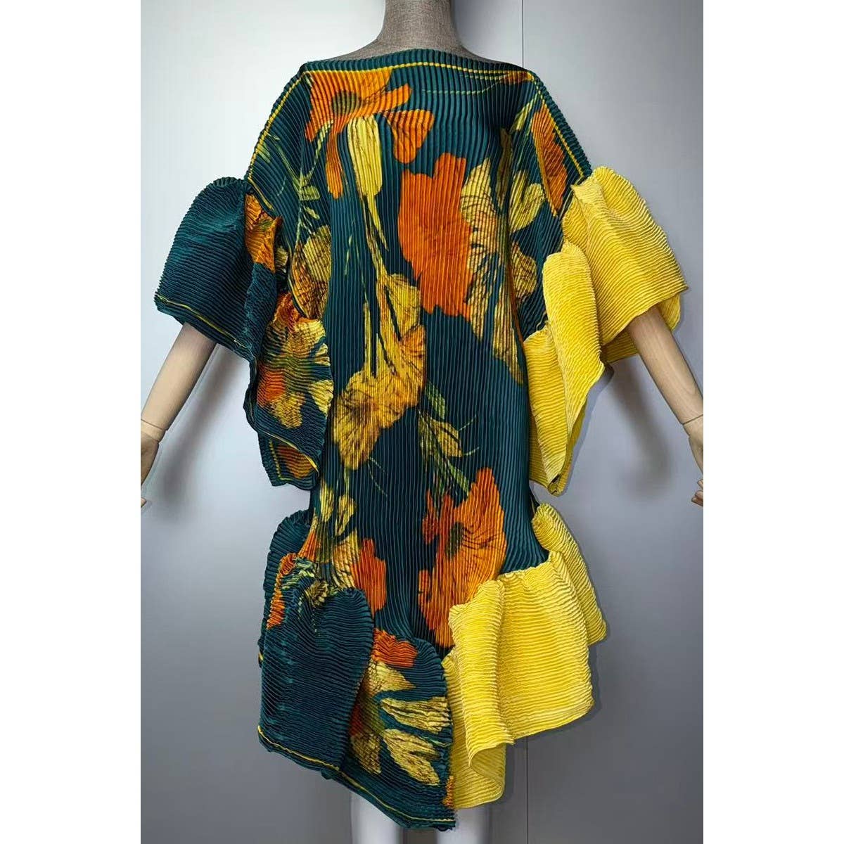 Floral Print Pleated Ruffles Tunic Midi Dress