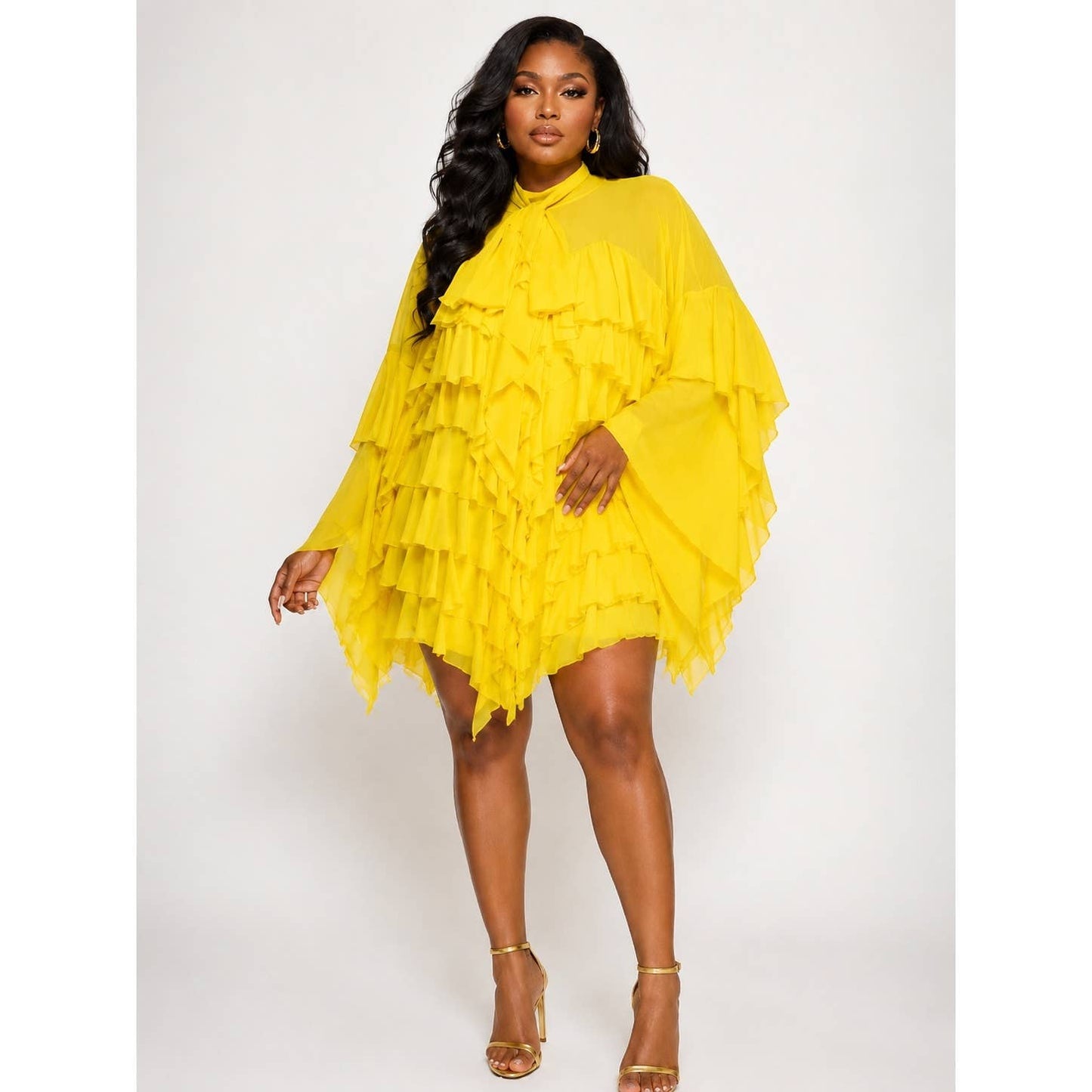 PLUS Tie Mock Neck Tiered Ruffle Mesh Blouse Top Mini Dress