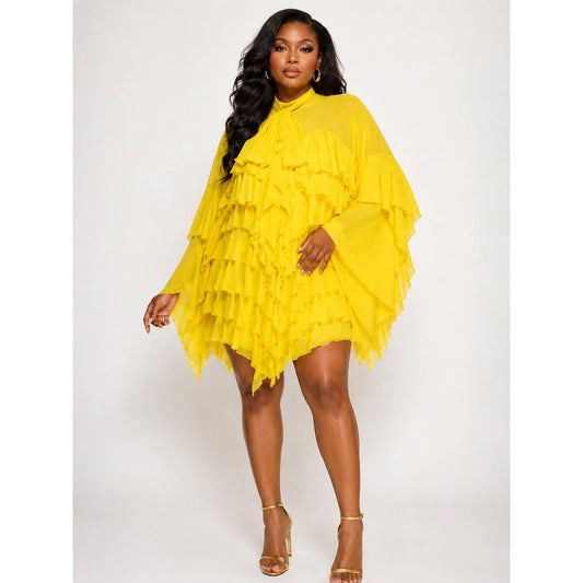 PLUS Tie Mock Neck Tiered Ruffle Mesh Blouse Top Mini Dress