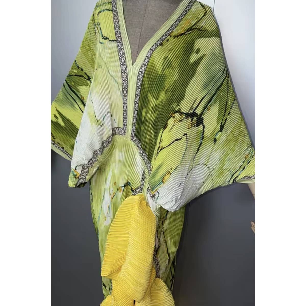 Citrus Floral Print Pleated Texture Ruffle Hem Kaftan Dress