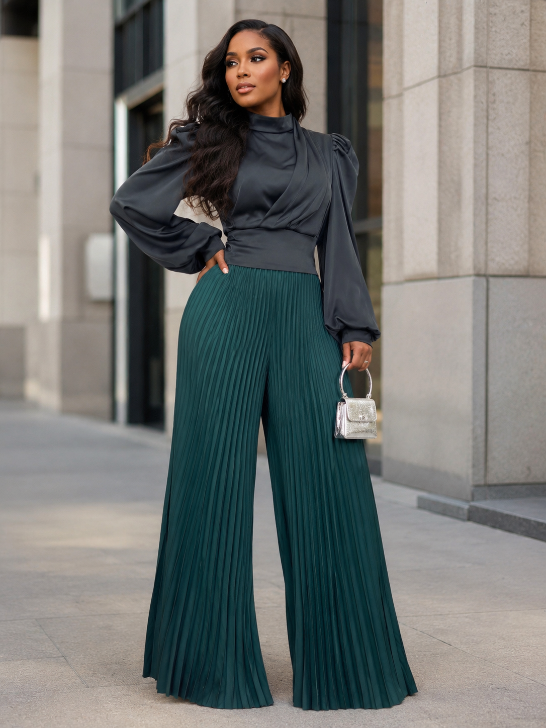 NY0013 PALAZZO PLEATED PANTS (GRN, CML)