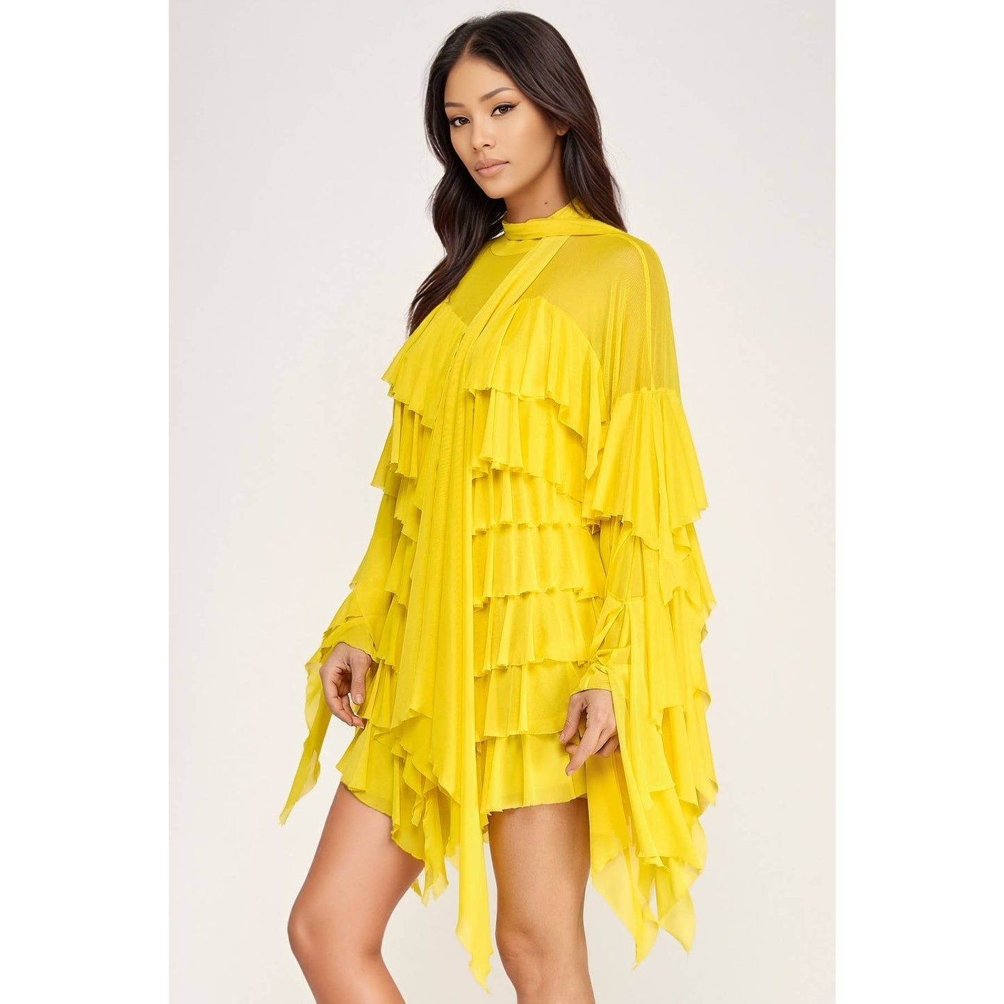 PLUS Tie Mock Neck Tiered Ruffle Mesh Blouse Top Mini Dress