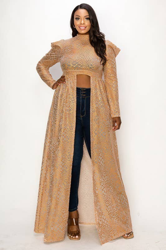 Puff Sleeve Foil Print See-Through Maxi Dress