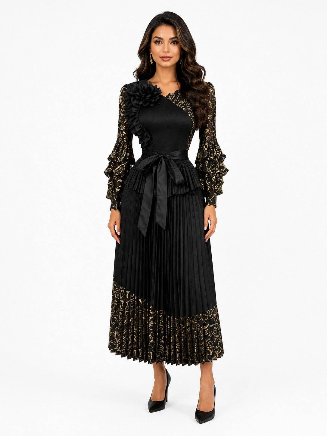 Floral Lace Pleated Dress