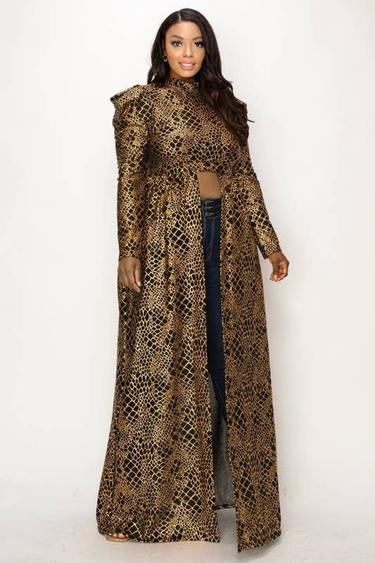 Puff Sleeve Foil Print See-Through Maxi Dress