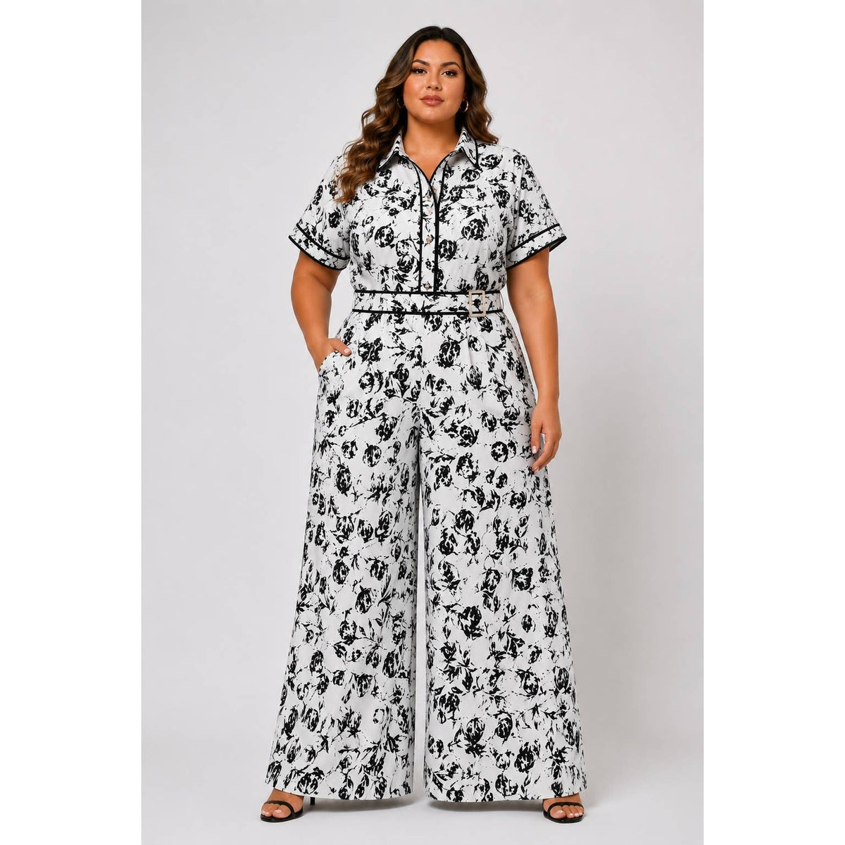 Plus Floral Print Button-Down Jumpsuit