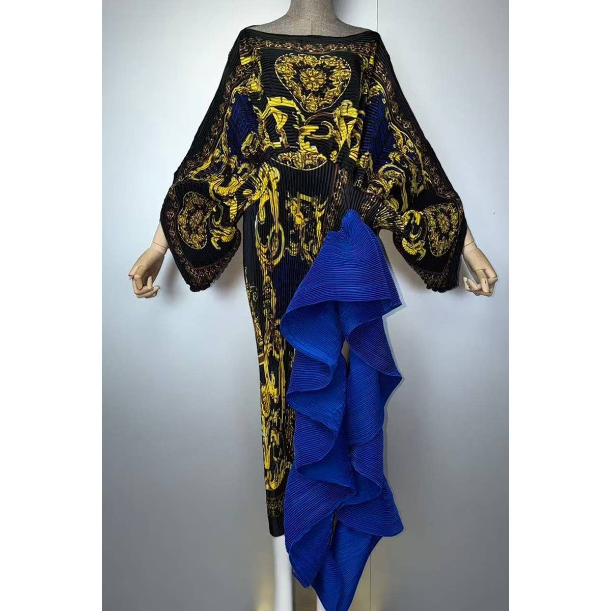 Pleated Fabric Gold Baroque Print Ruffle Trim Maxi Dress
