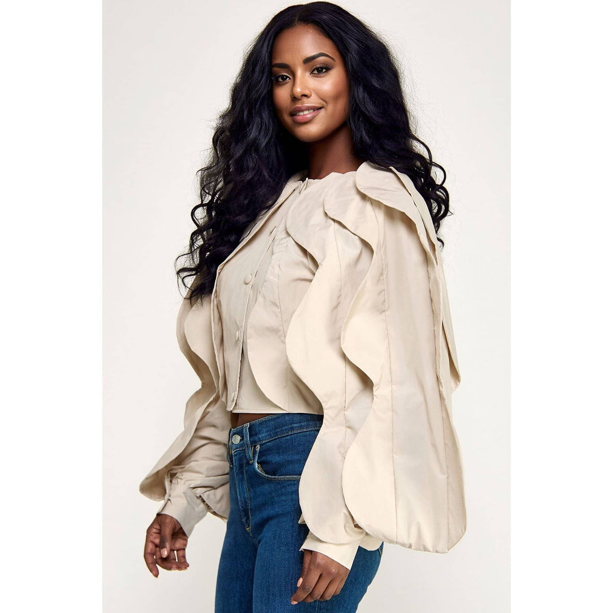 Plus Ruffle Detail Long Sleeve Crop Jacket Top