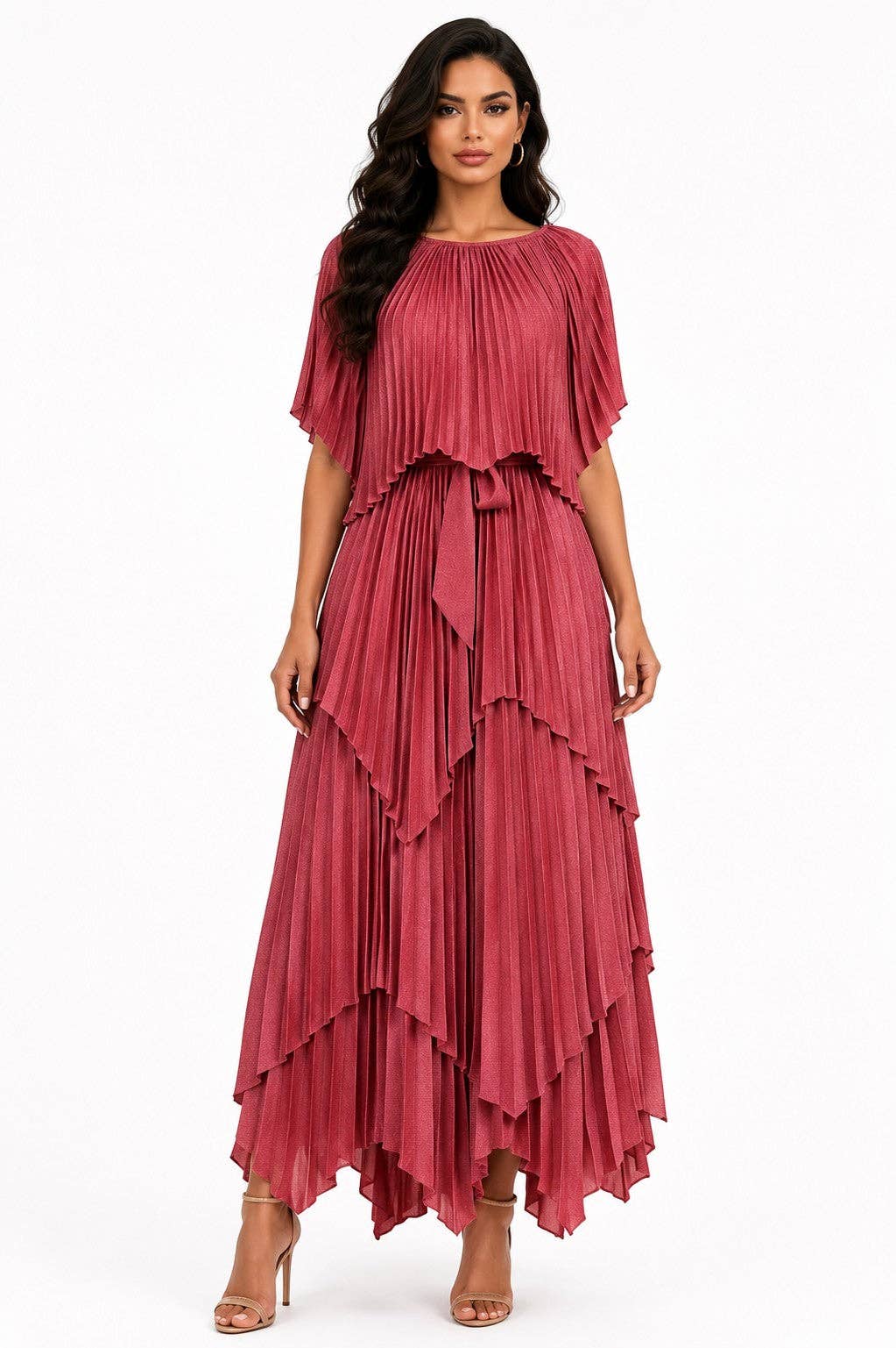 Layered Pleated Maxi Dress with Cape - 83453