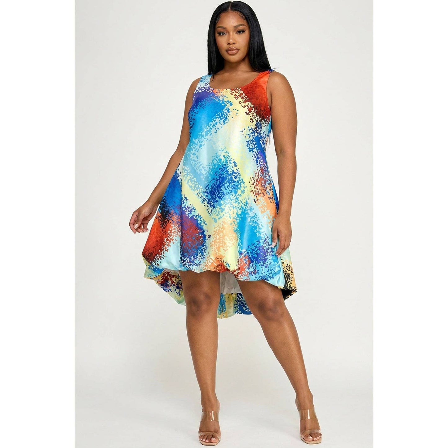 PLUS SIZE Sleeveless Hi-Lo Bubble Hem Back Zip Closure Satin