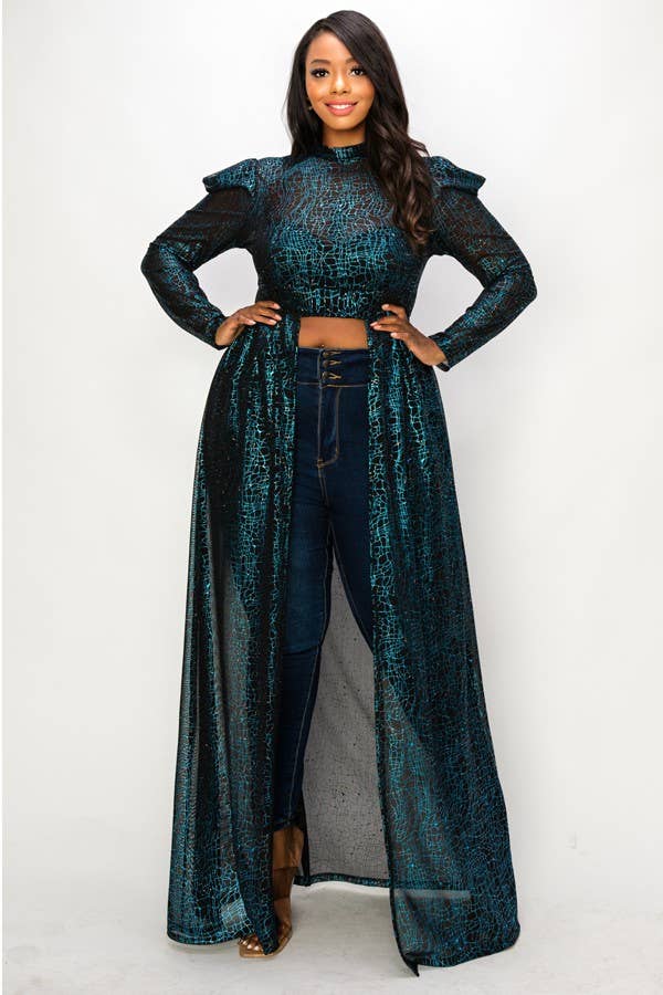 Puff Sleeve Foil Print See-Through Maxi Dress