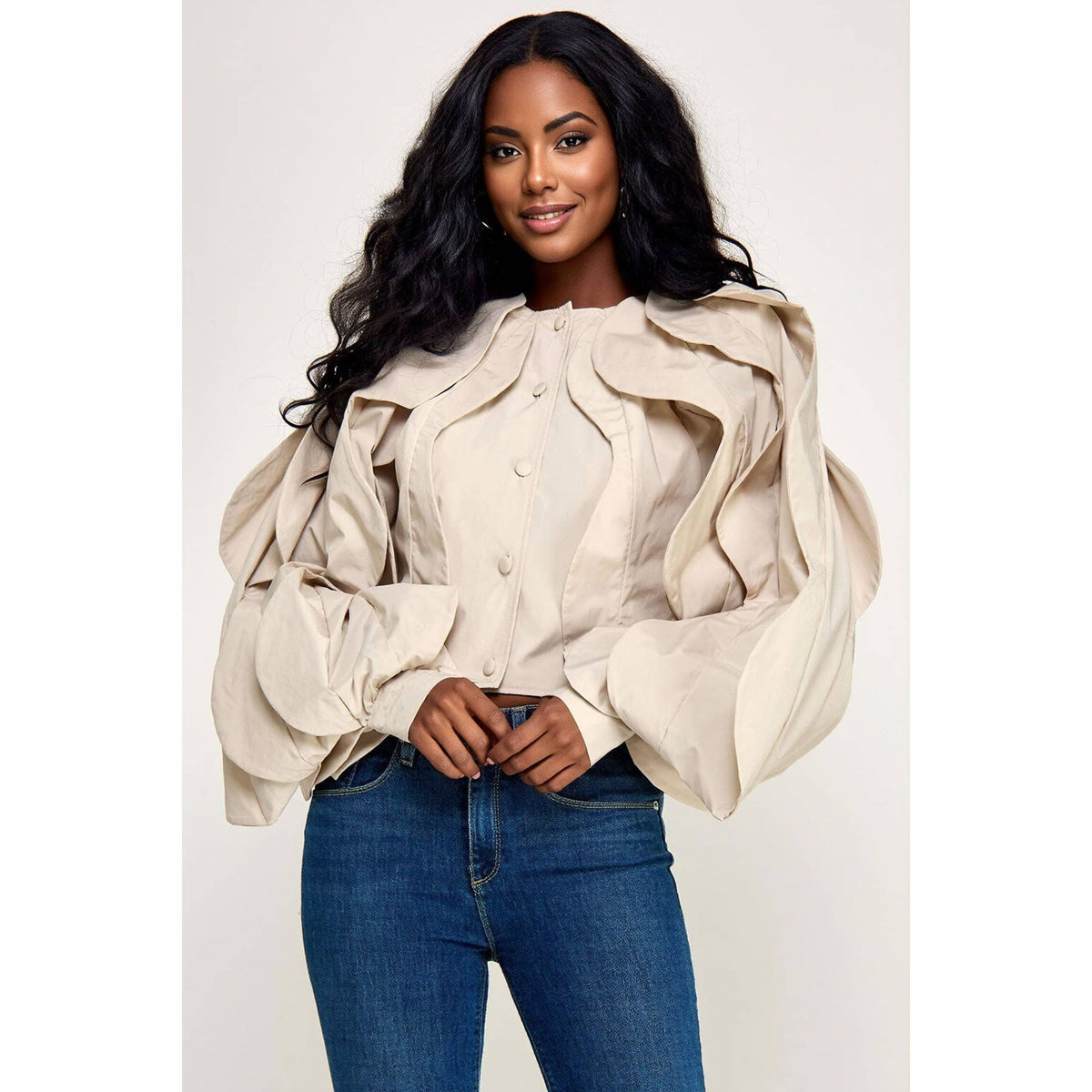Plus Ruffle Detail Long Sleeve Crop Jacket Top