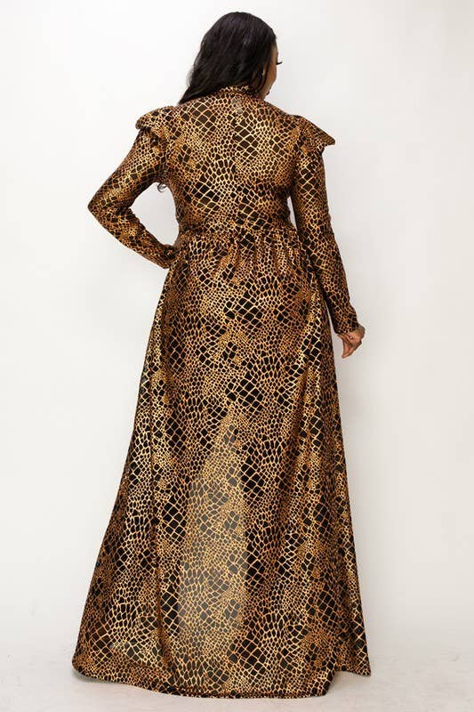 Puff Sleeve Foil Print See-Through Maxi Dress