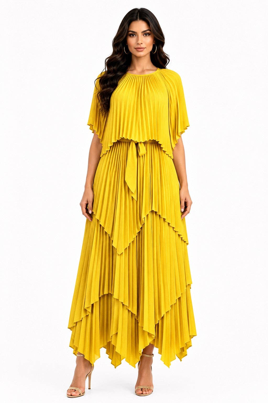 Layered Pleated Maxi Dress with Cape - 83453