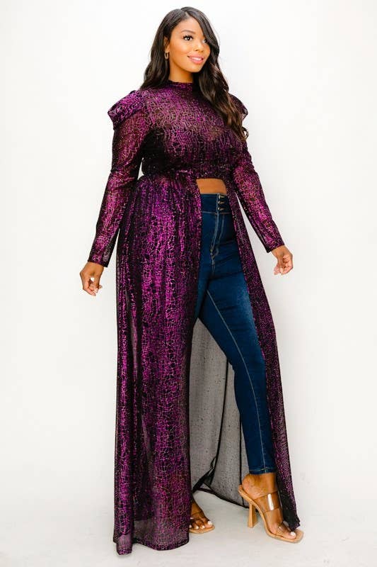 Puff Sleeve Foil Print See-Through Maxi Dress
