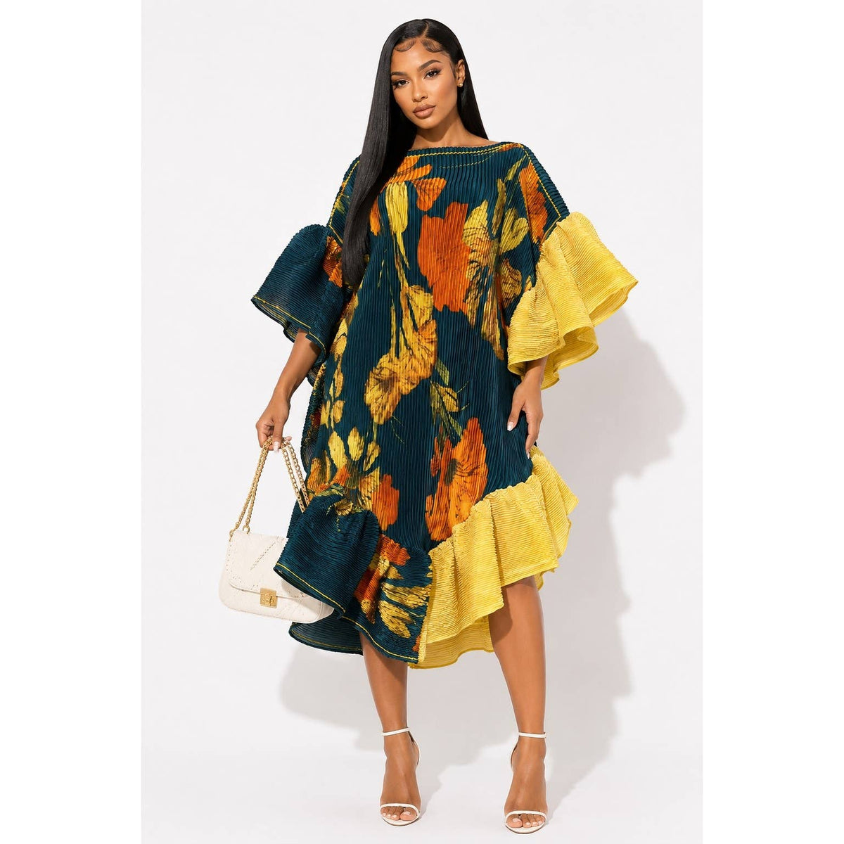 Floral Print Pleated Ruffles Tunic Midi Dress