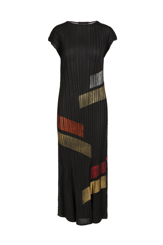 Metallic Print Pleated Maxi Shift Dress PM3088-L