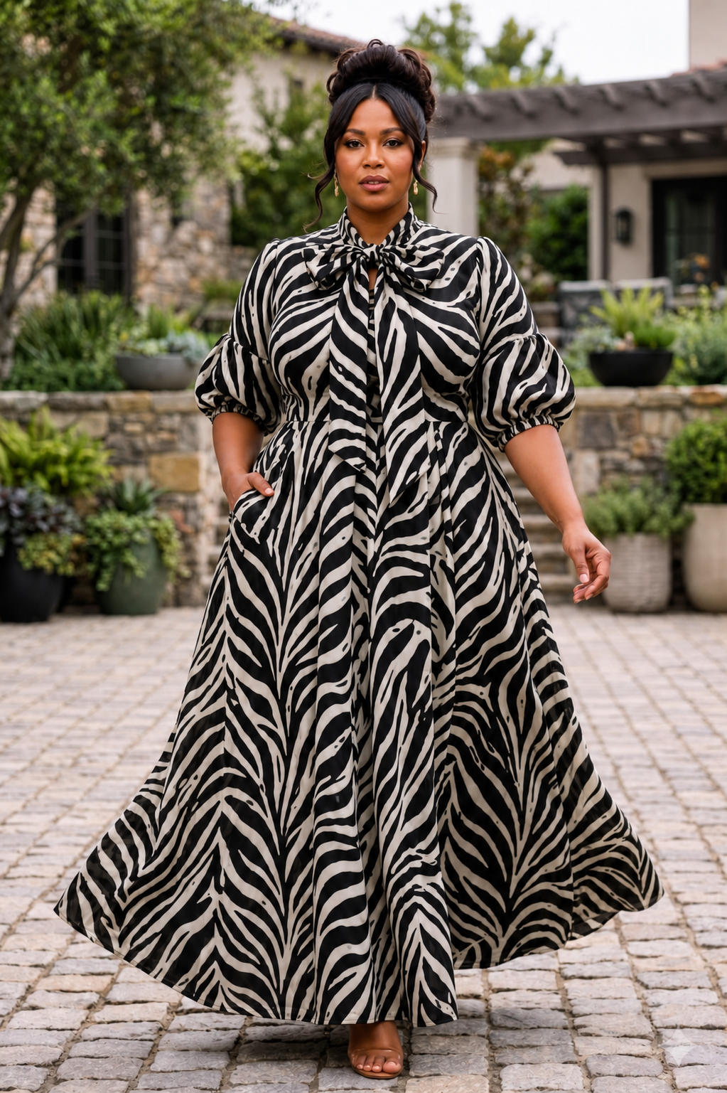 Zebra Print Tie-Neck Maxi Dress