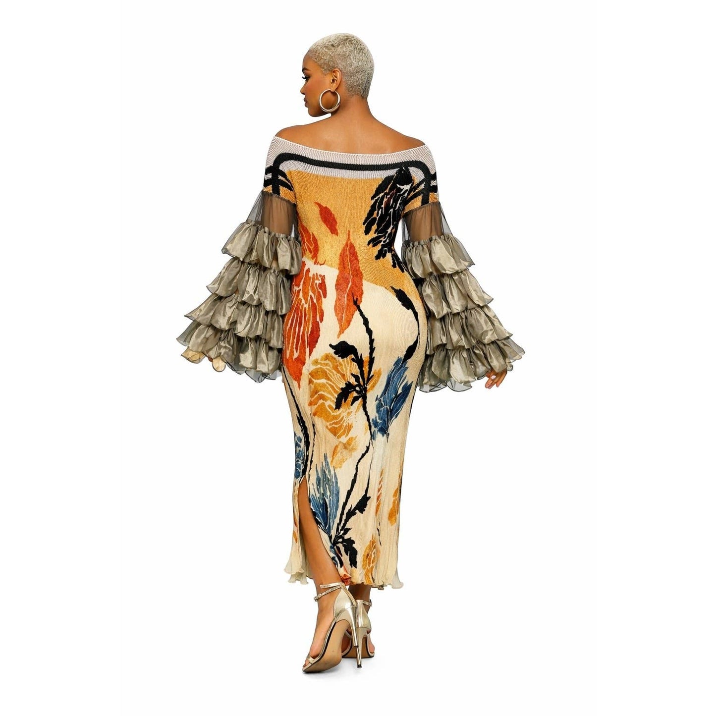 Golden Bloom Ruffle Sleeves Dress