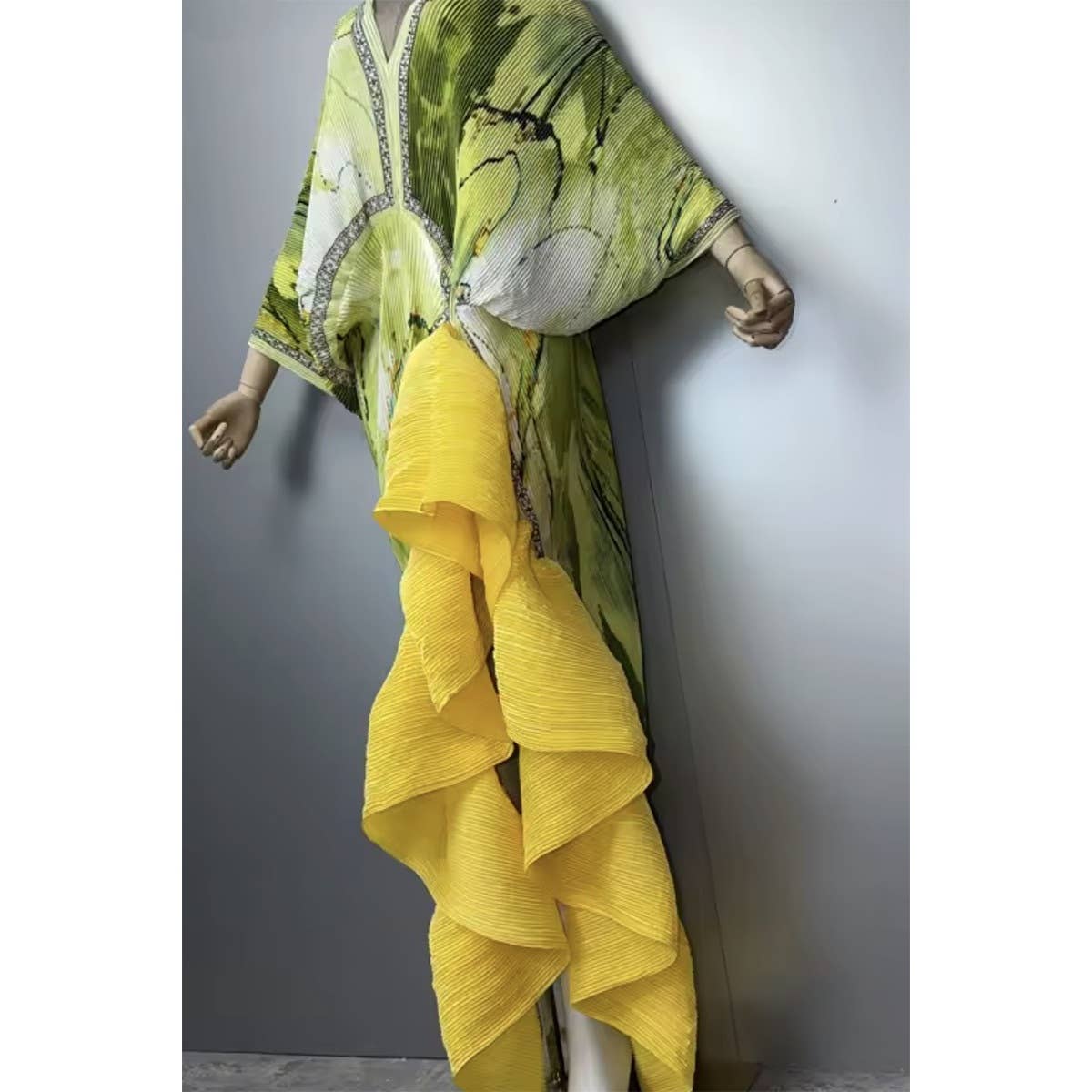 Citrus Floral Print Pleated Texture Ruffle Hem Kaftan Dress