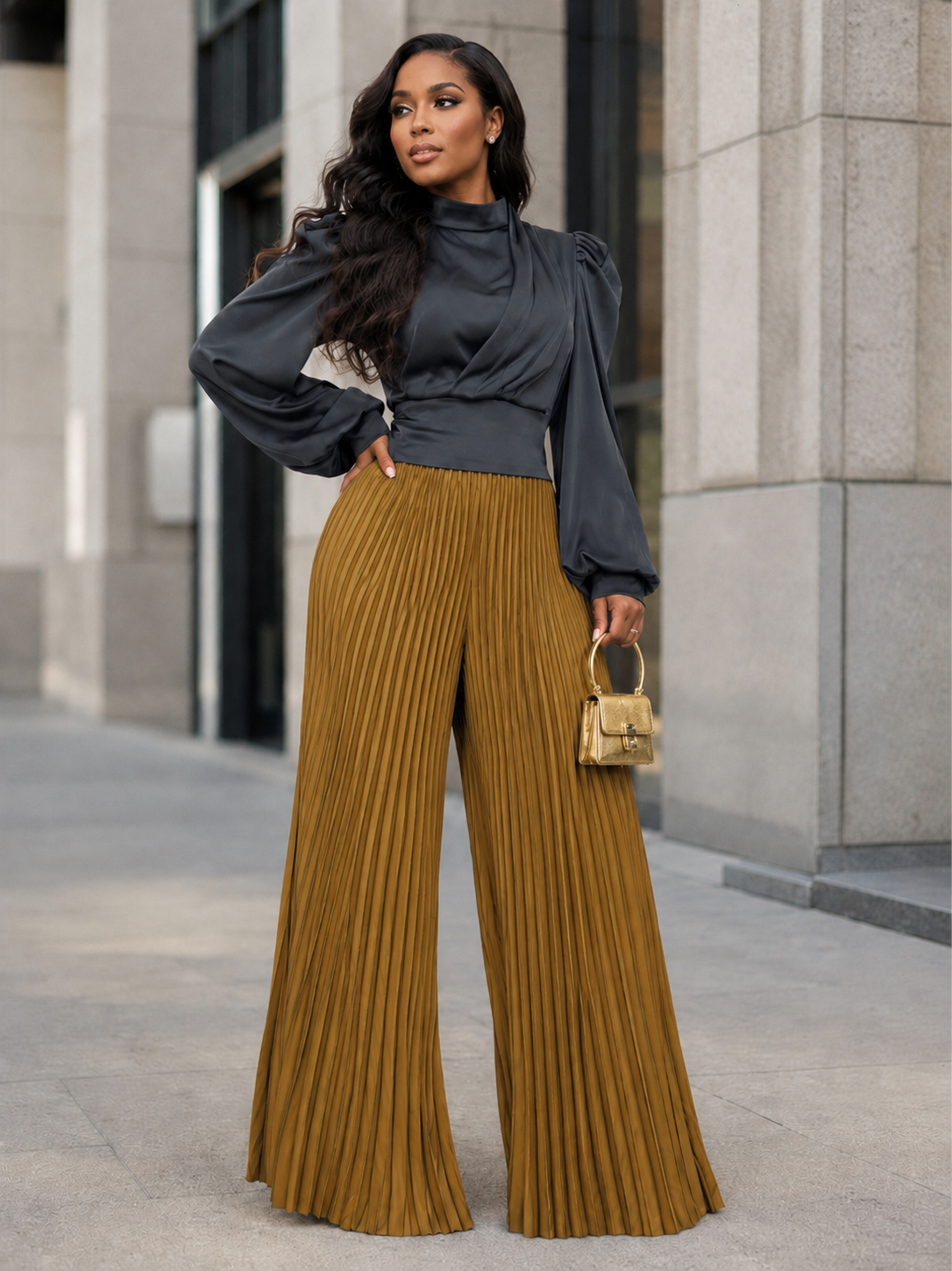 NY0013 PALAZZO PLEATED PANTS (GRN, CML)