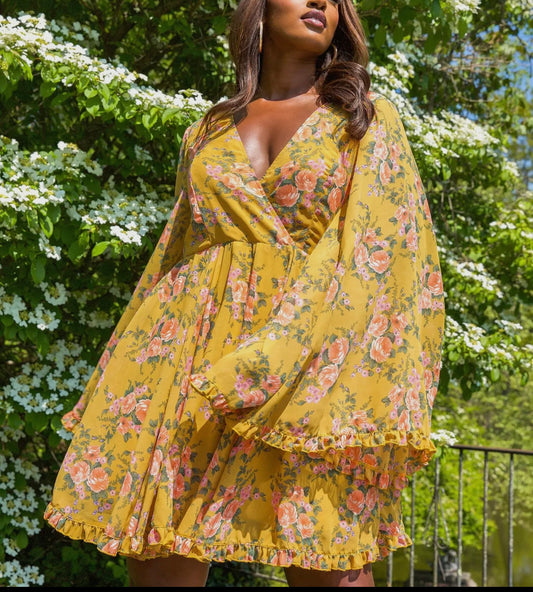 Floral Print Flared Sleeve Skater Skirt
