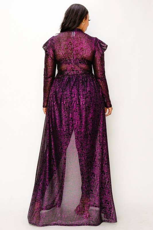 Puff Sleeve Foil Print See-Through Maxi Dress