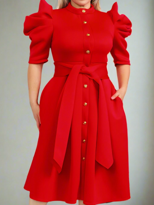 Plus Midi Dress with Puffed Sleeves