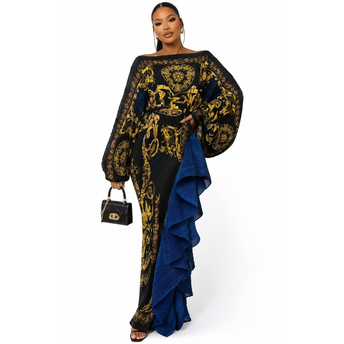 Pleated Fabric Gold Baroque Print Ruffle Trim Maxi Dress