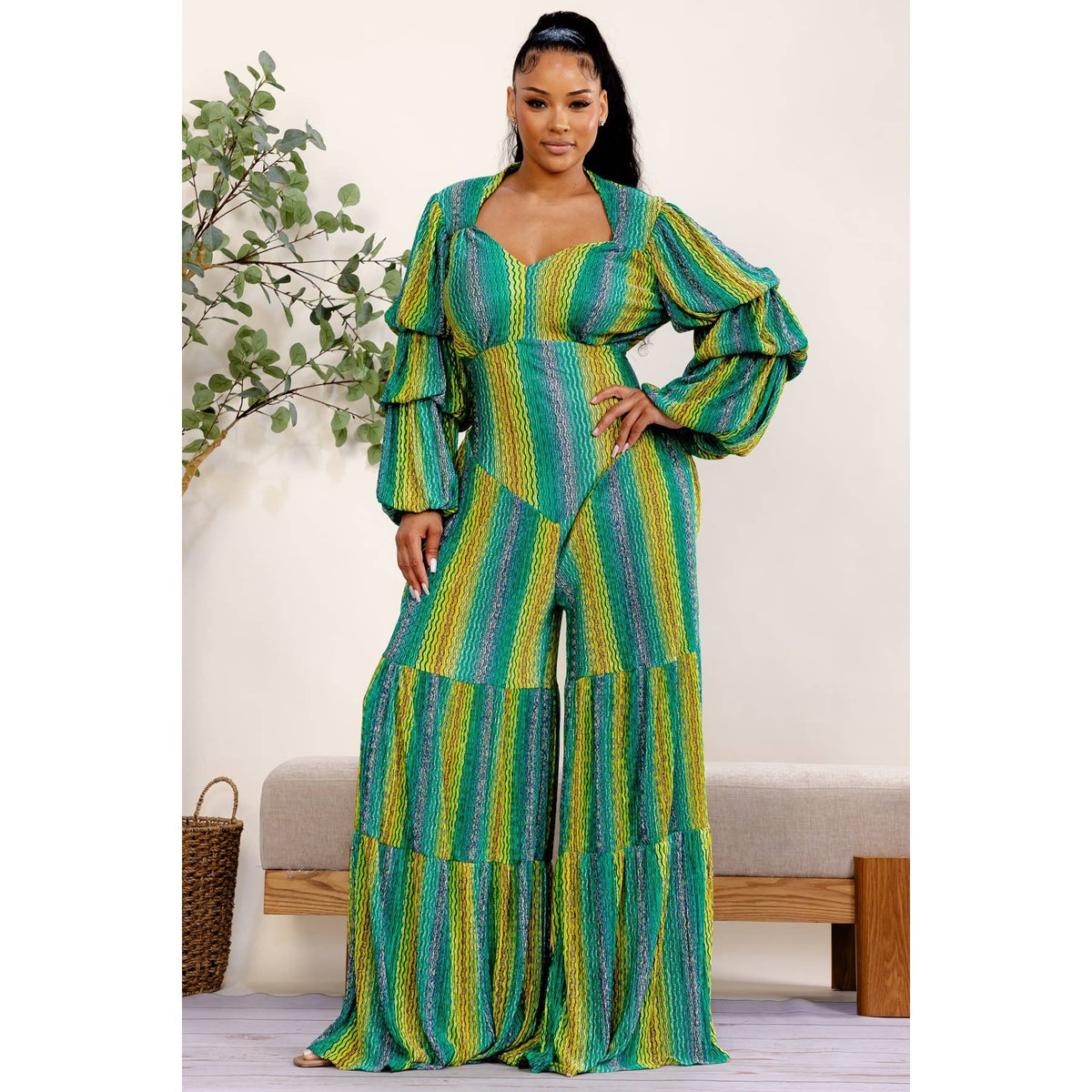 PLUS SIZE GREEN MULTI STRIPE JUMPSUIT