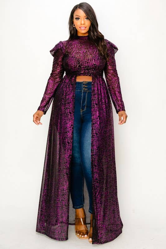 Puff Sleeve Foil Print See-Through Maxi Dress