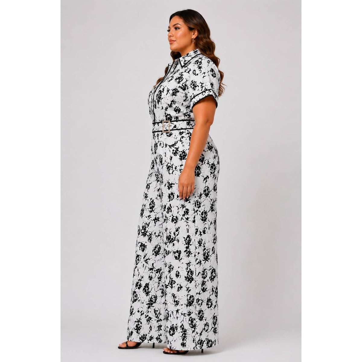 Plus Floral Print Button-Down Jumpsuit