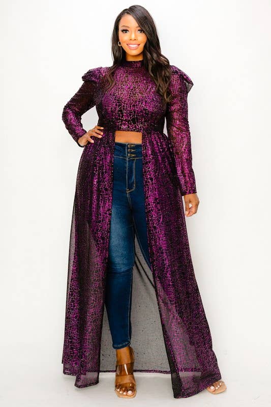 Puff Sleeve Foil Print See-Through Maxi Dress