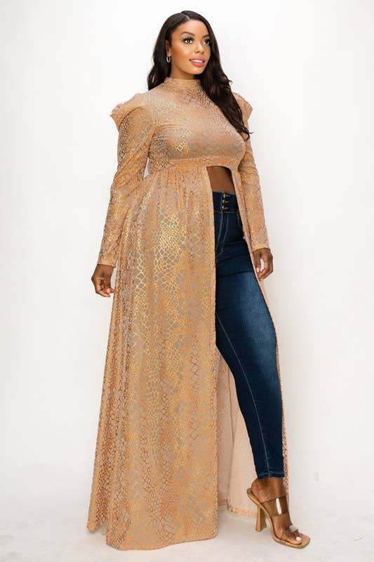 Puff Sleeve Foil Print See-Through Maxi Dress