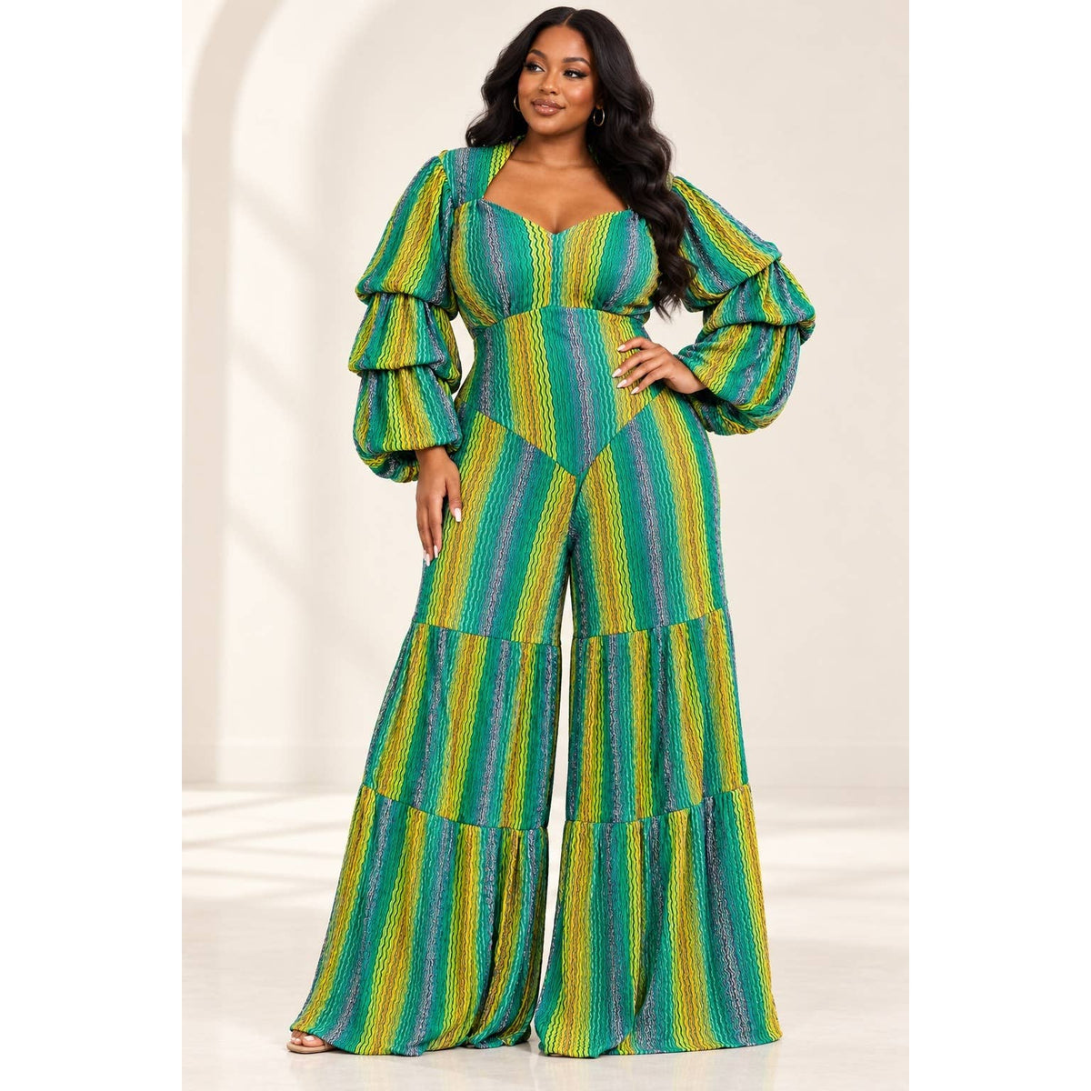 PLUS SIZE GREEN MULTI STRIPE JUMPSUIT
