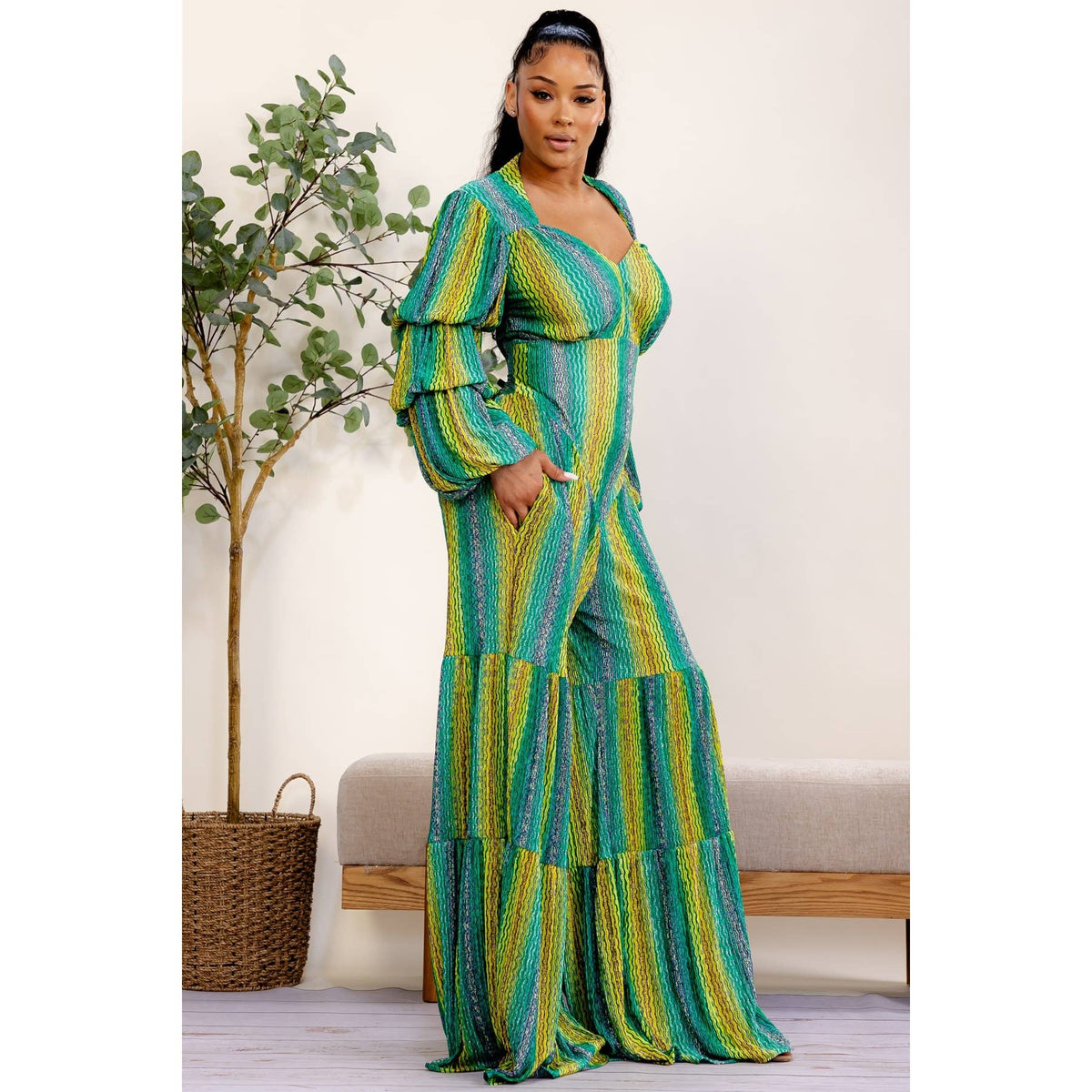 PLUS SIZE GREEN MULTI STRIPE JUMPSUIT