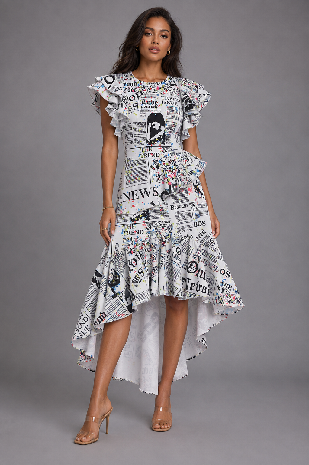 Newspaper Ruffle Midi Dress -81921