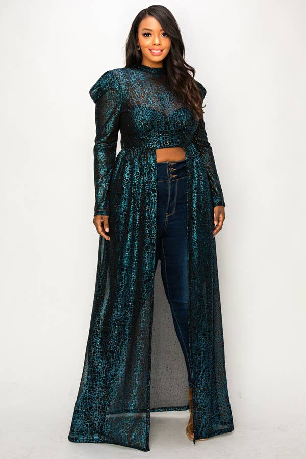 Puff Sleeve Foil Print See-Through Maxi Dress