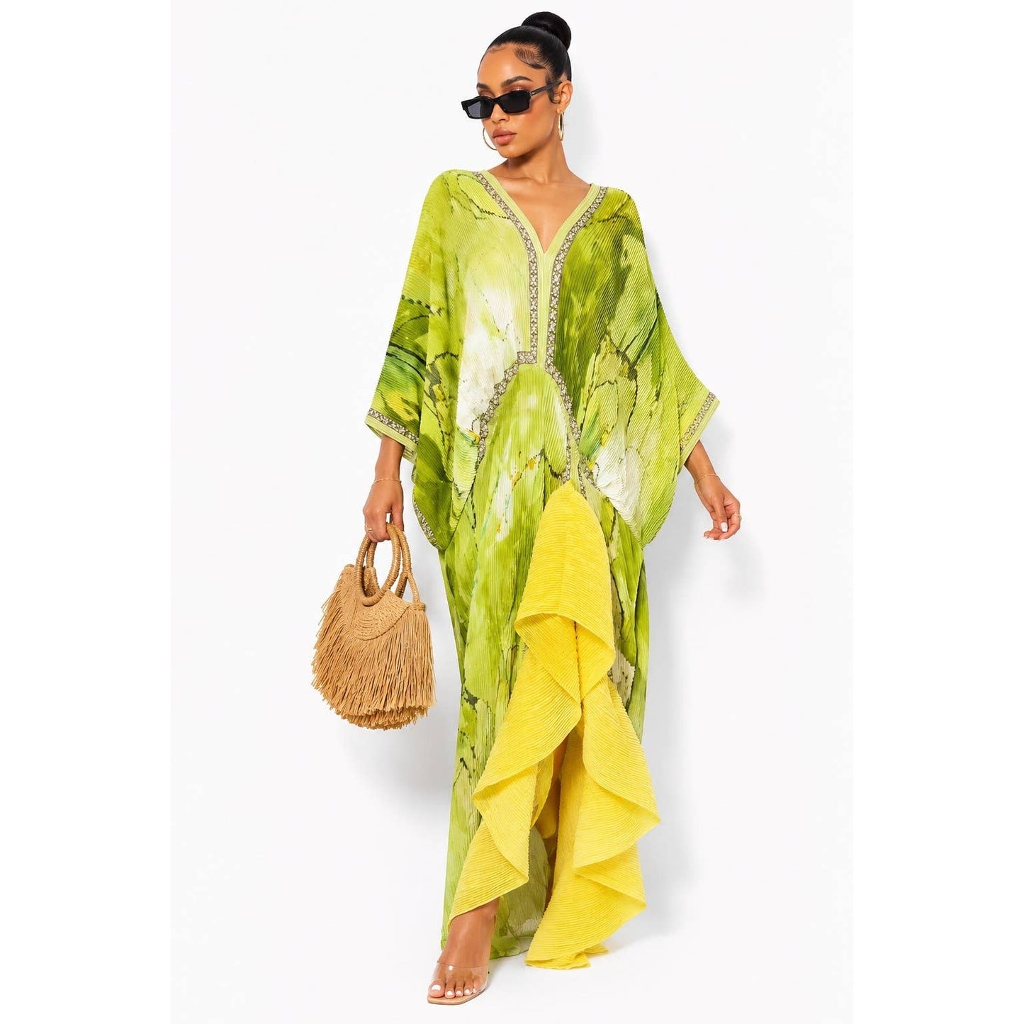 Citrus Floral Print Pleated Texture Ruffle Hem Kaftan Dress