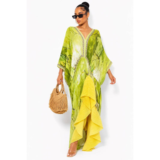 Citrus Floral Print Pleated Texture Ruffle Hem Kaftan Dress