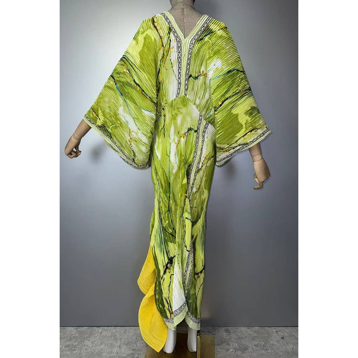 Citrus Floral Print Pleated Texture Ruffle Hem Kaftan Dress
