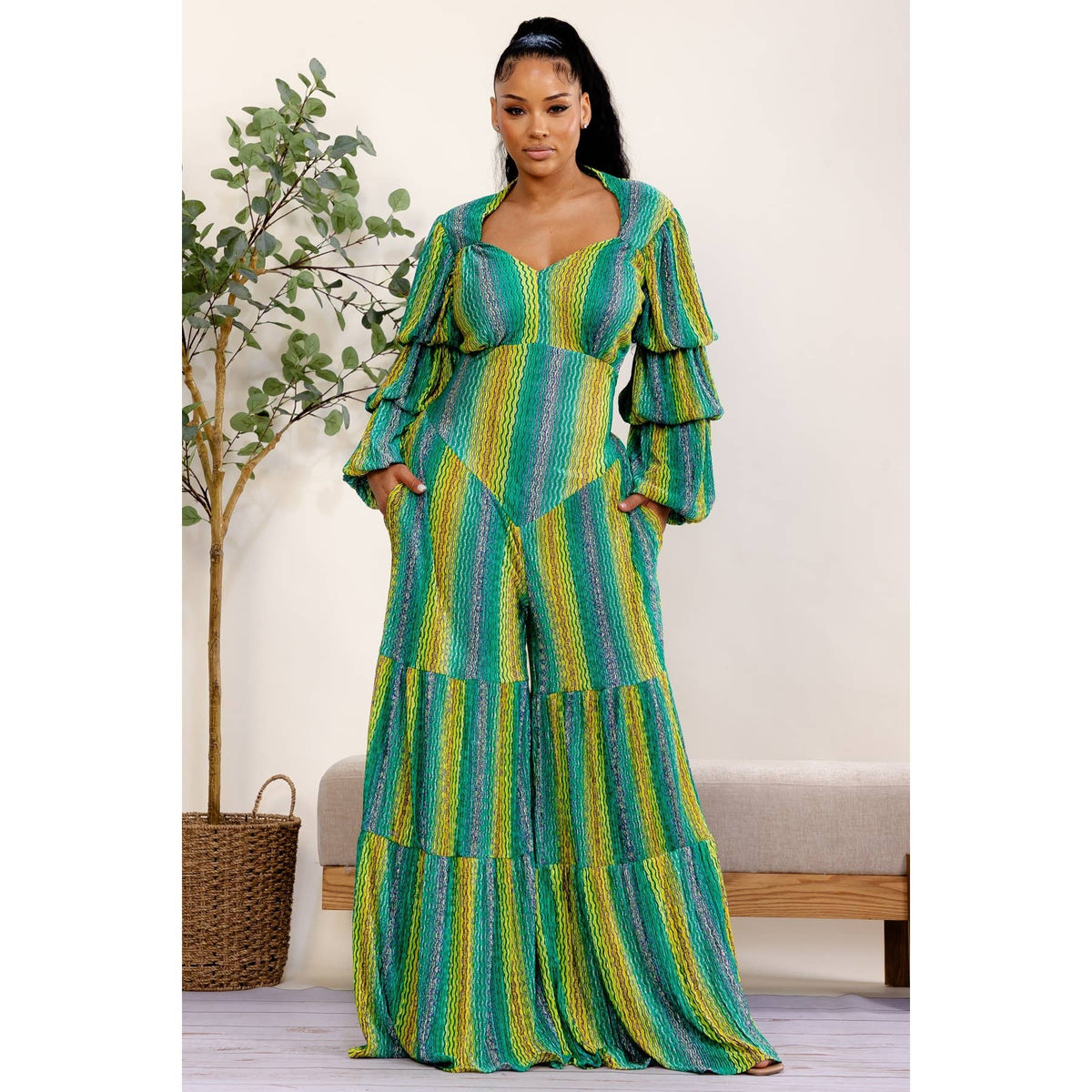 PLUS SIZE GREEN MULTI STRIPE JUMPSUIT