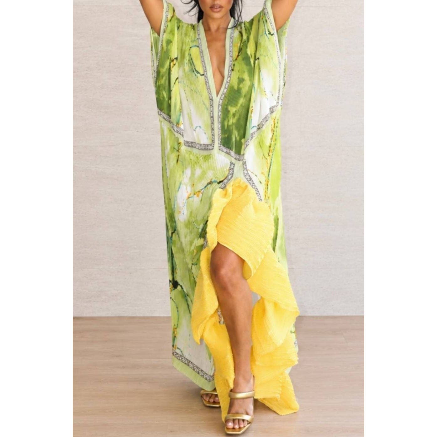 Citrus Floral Print Pleated Texture Ruffle Hem Kaftan Dress