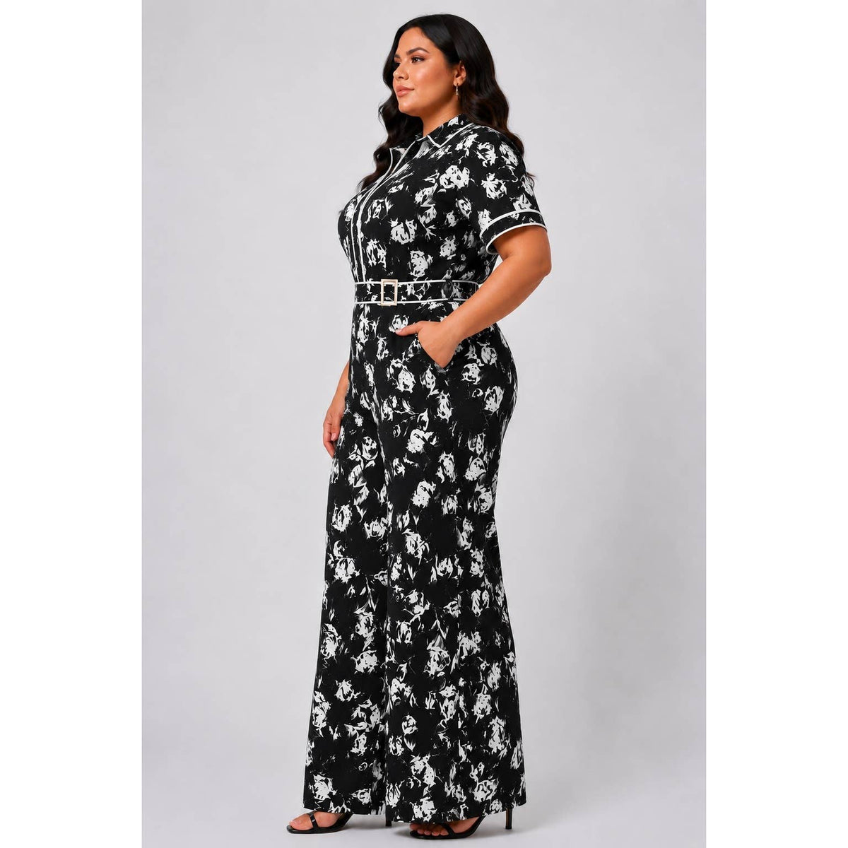 Plus Floral Print Button-Down Jumpsuit