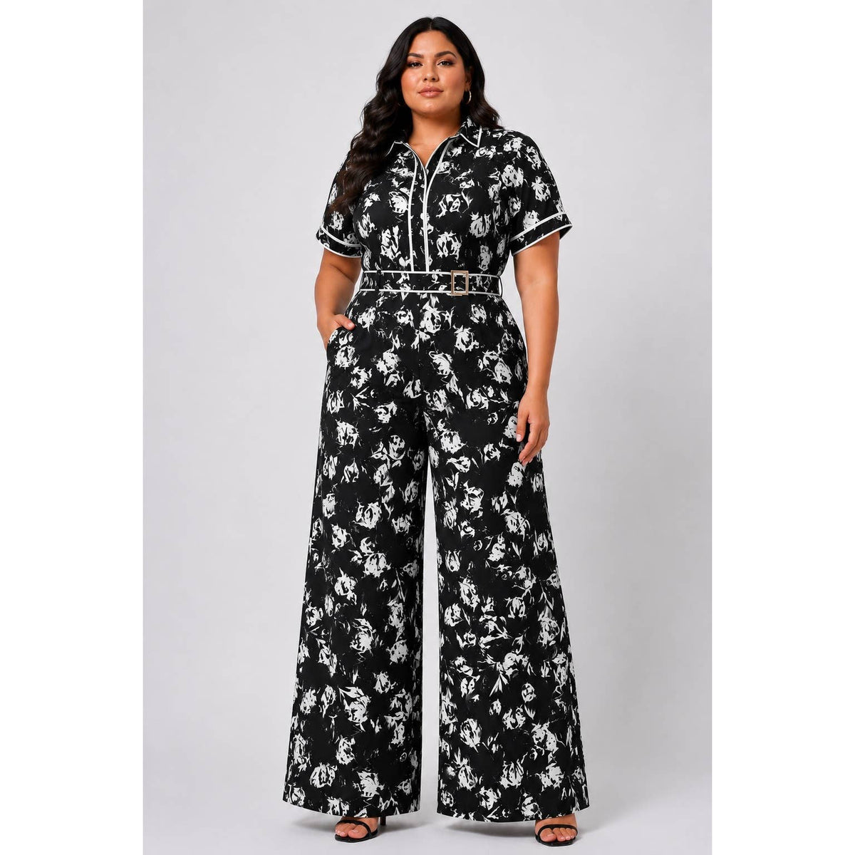 Plus Floral Print Button-Down Jumpsuit